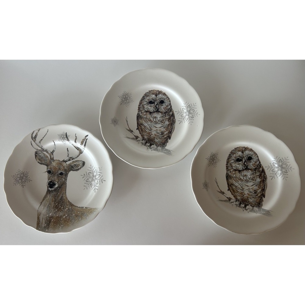 Alder & Ash Winter Woodland Dinner Plate Snowflake Owl Deer Lot Of 3, Christmas